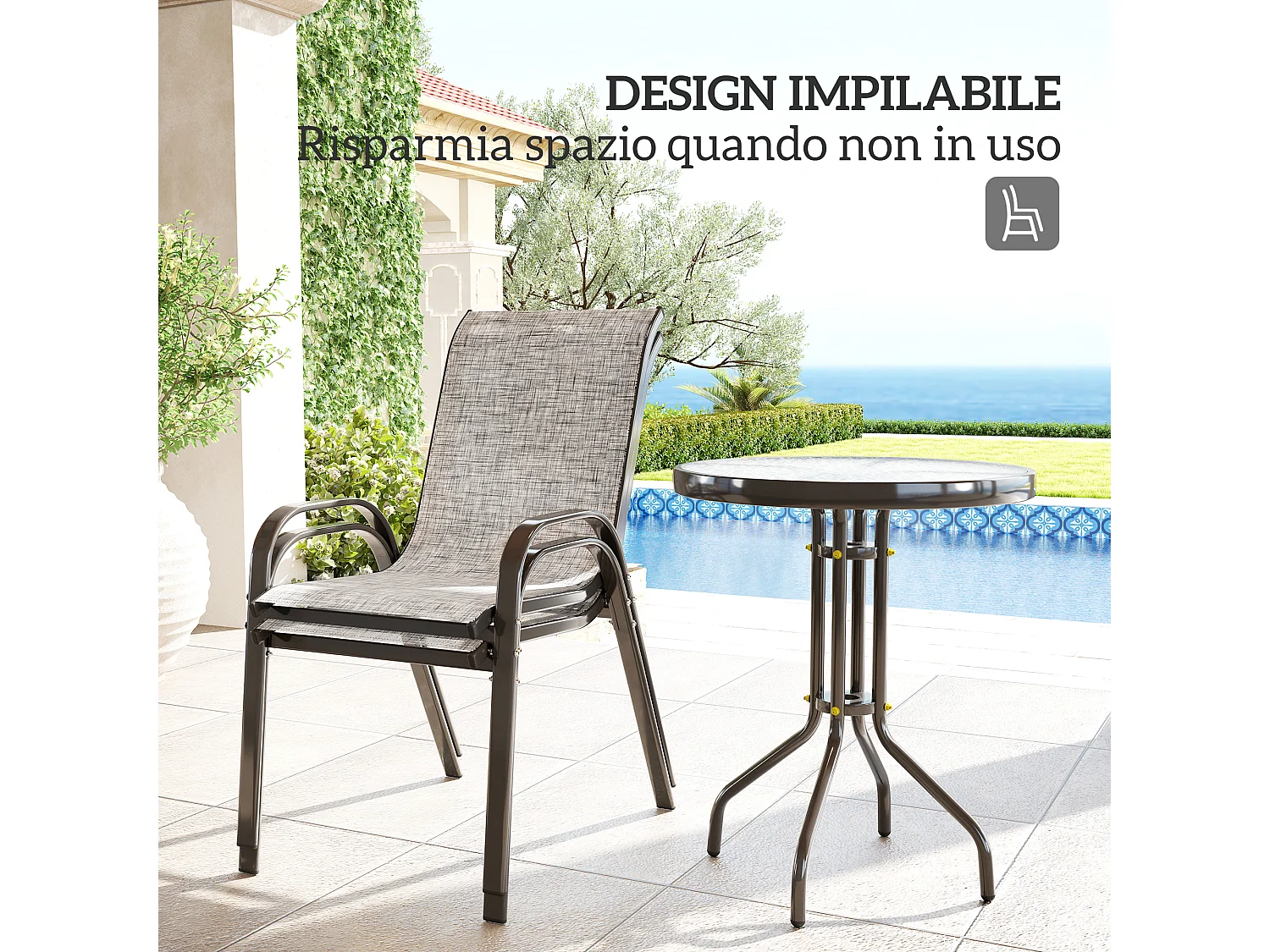 Set da giardino 3pz con 2 sedie da giardino e tavolino rotondo grigio