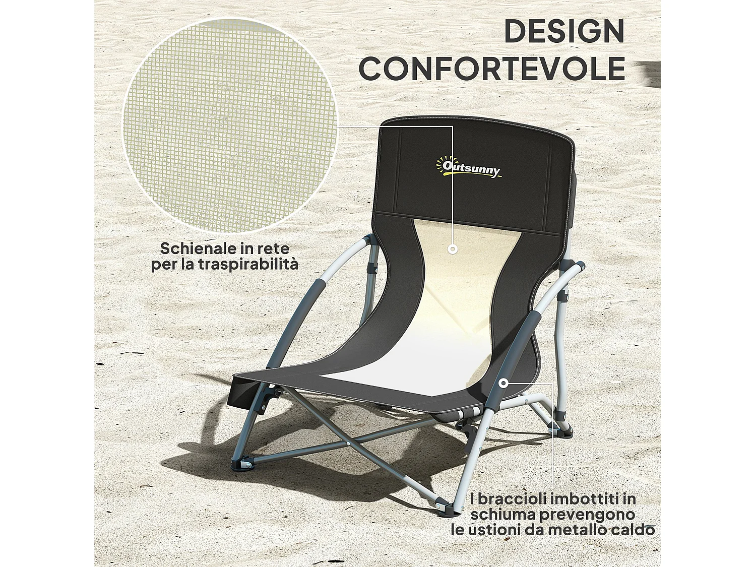 Sedia da spiaggia pieghevole con schienale a rete nero