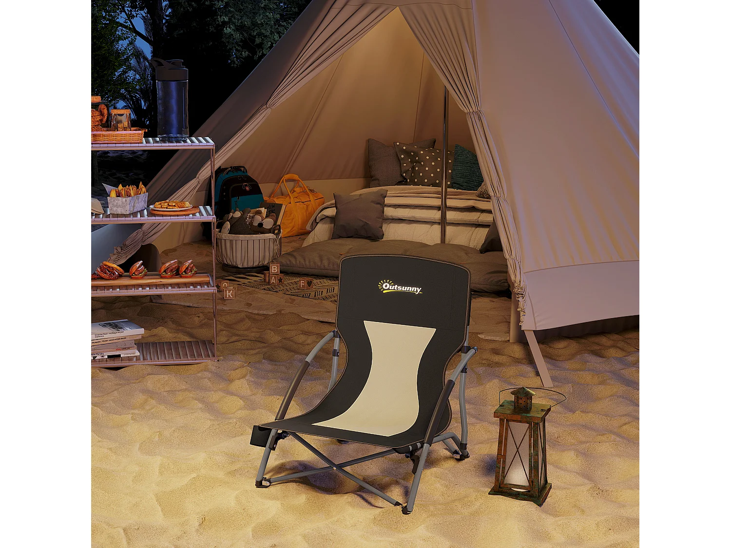 Sedia da spiaggia pieghevole con schienale a rete nero