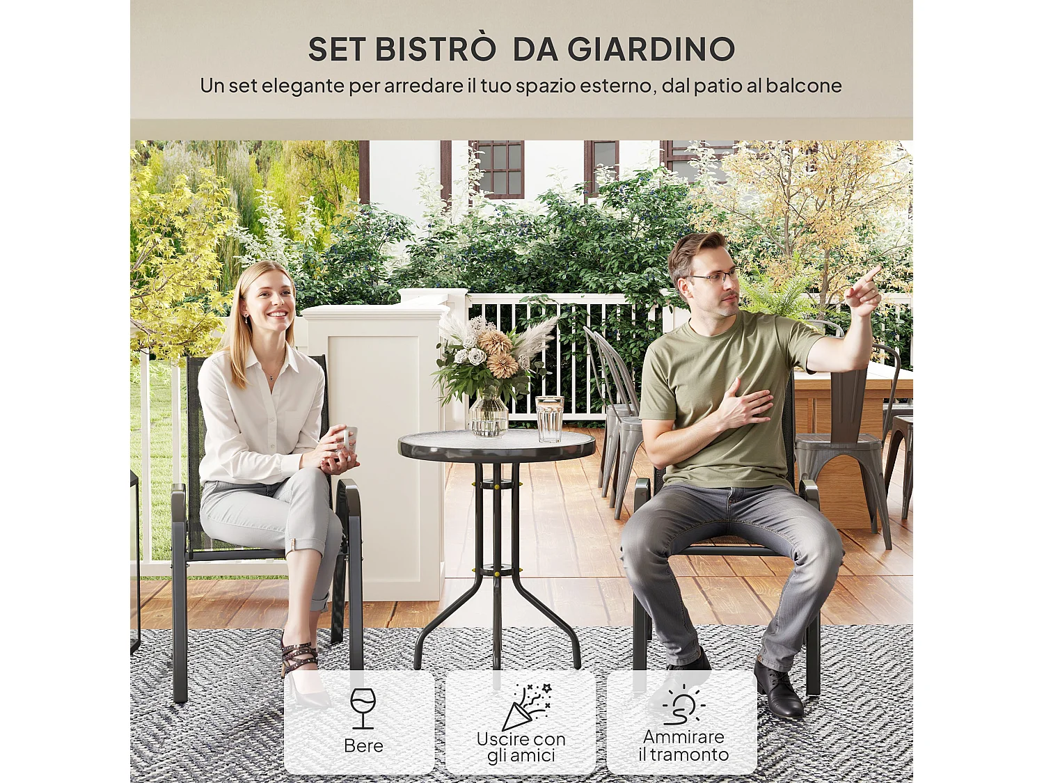 Set da giardino 3pz con 2 sedie da giardino e tavolino rotondo nero