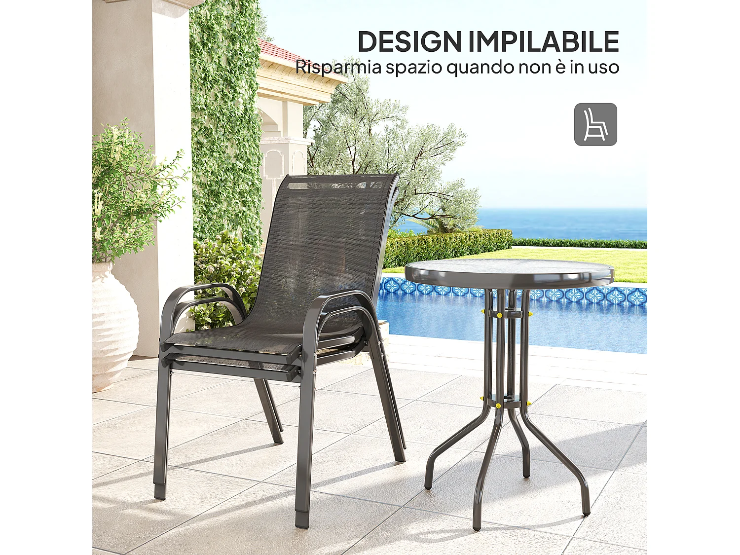 Set da giardino 3pz con 2 sedie da giardino e tavolino rotondo nero