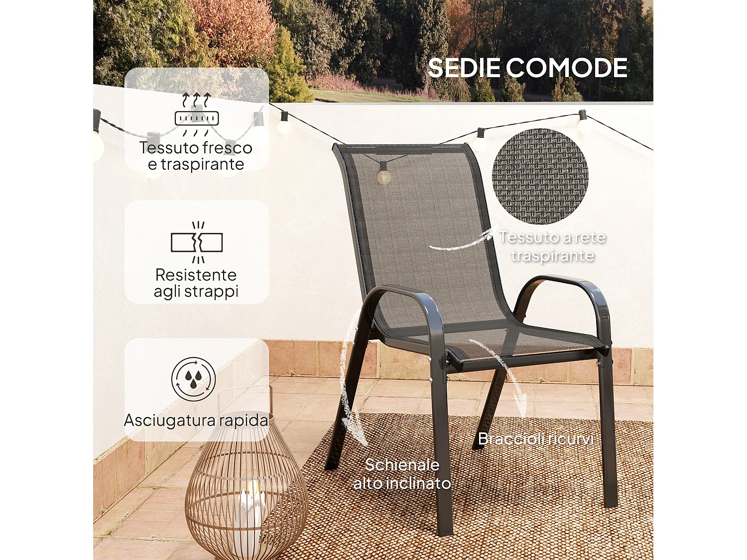 Set da giardino 3pz con 2 sedie da giardino e tavolino rotondo nero