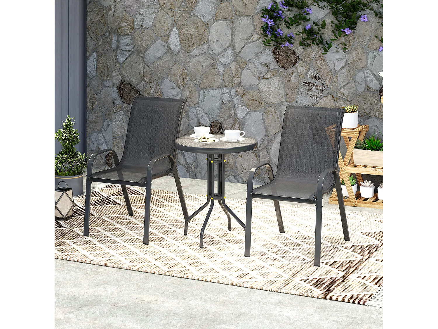 Set da giardino 3pz con 2 sedie da giardino e tavolino rotondo nero