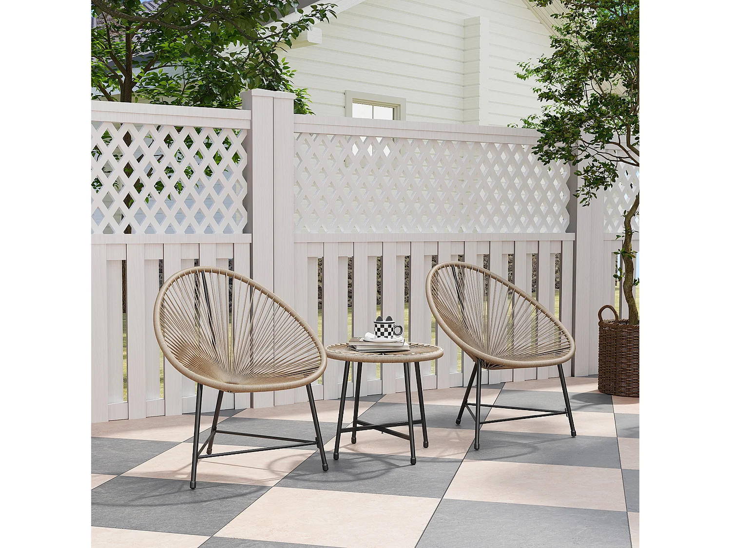 Set da giardino 3pz con 2 sedie ovali e tavolino nero e color legno