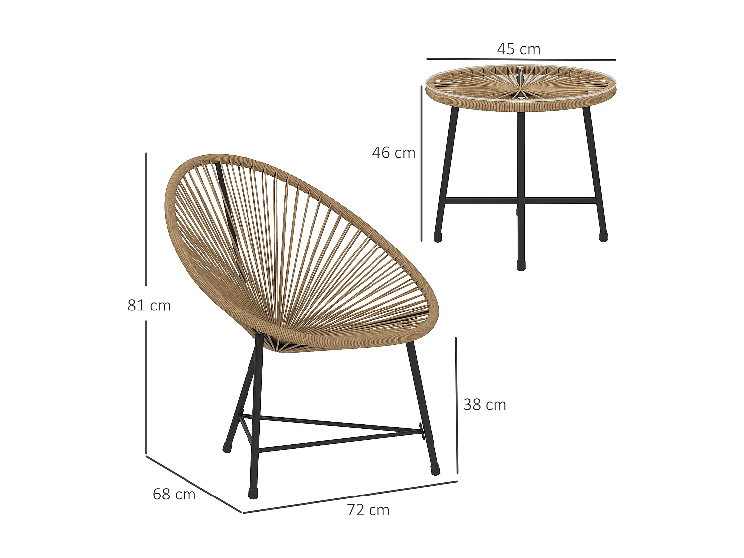 Set da giardino 3pz con 2 sedie ovali e tavolino nero e color legno