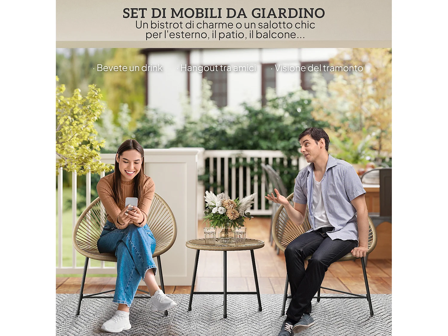 Set da giardino 3pz con 2 sedie ovali e tavolino nero e color legno