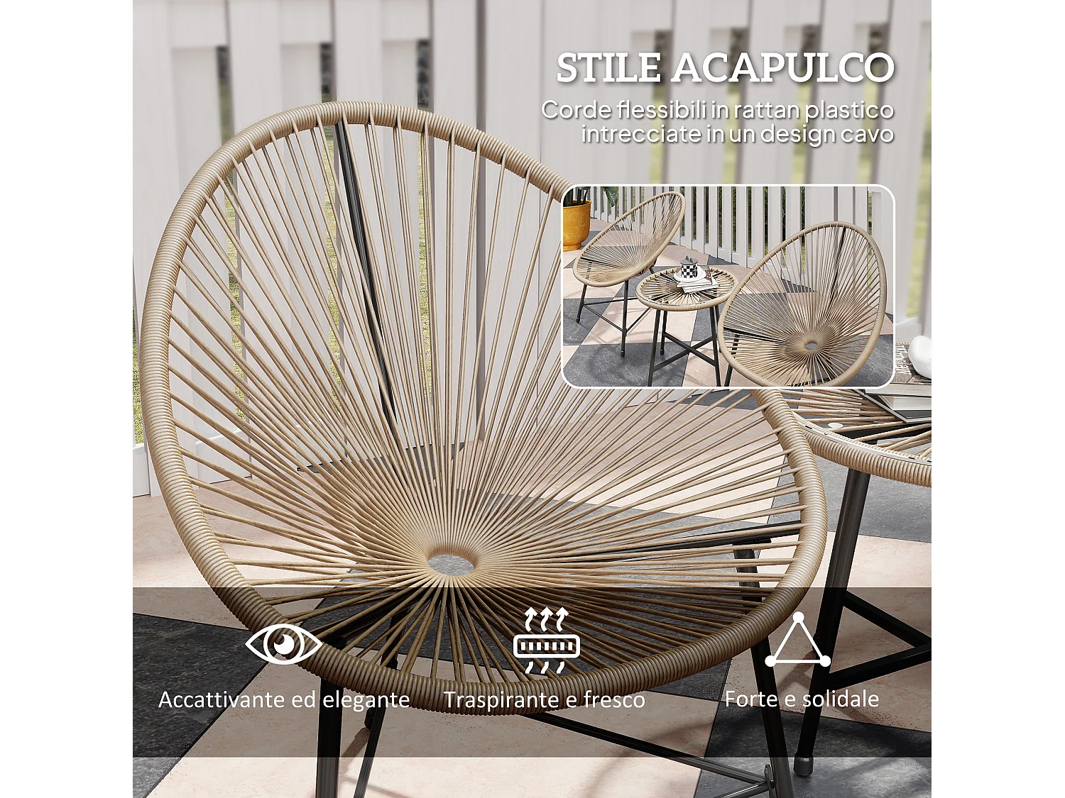 Set da giardino 3pz con 2 sedie ovali e tavolino nero e color legno