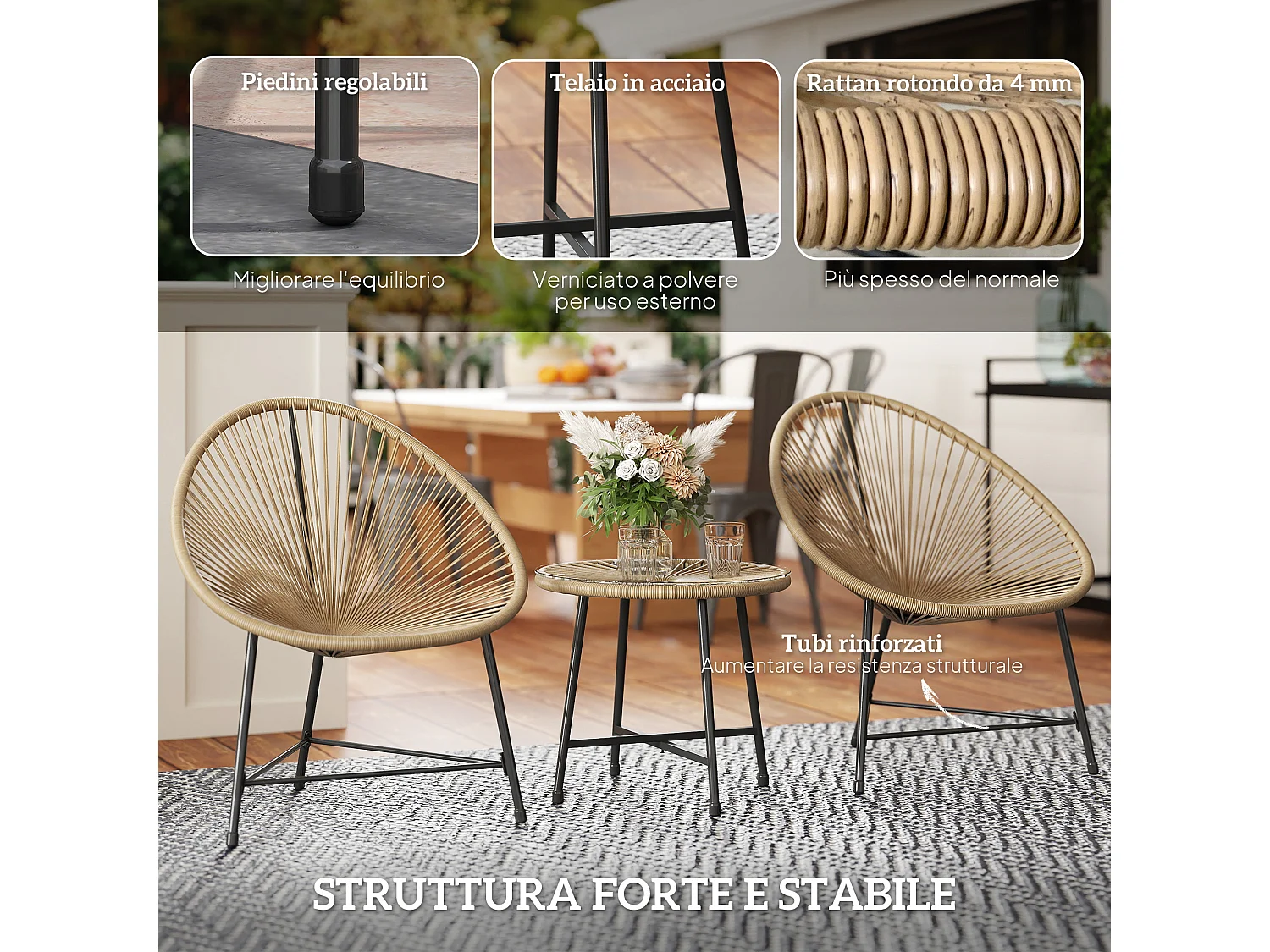 Set da giardino 3pz con 2 sedie ovali e tavolino nero e color legno