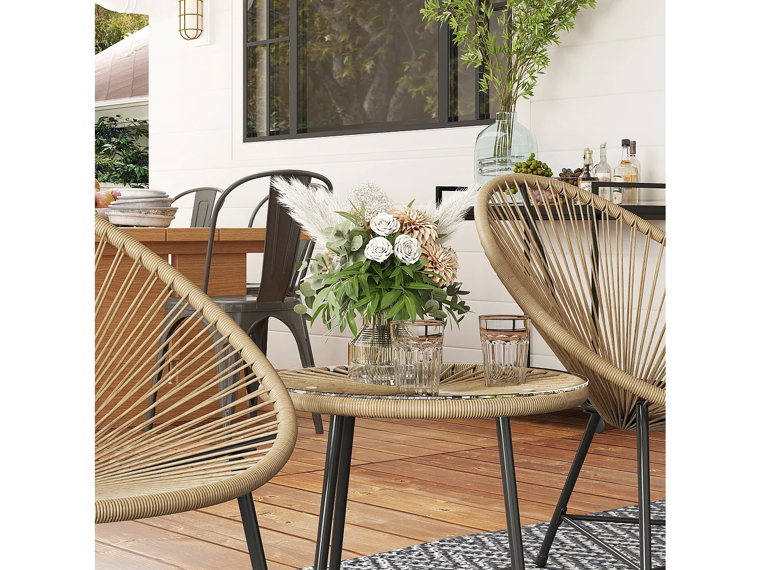 Set da giardino 3pz con 2 sedie ovali e tavolino nero e color legno