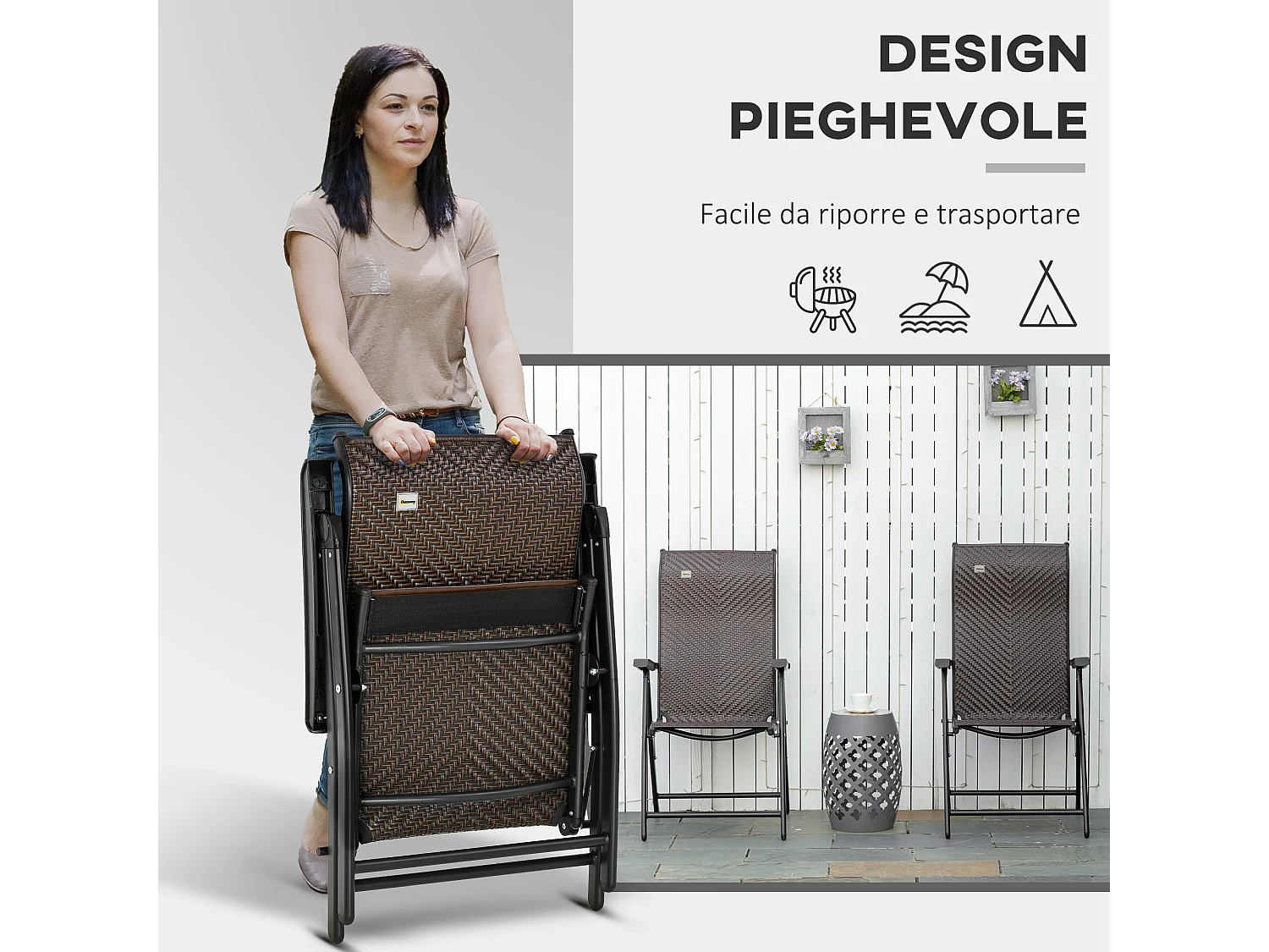Set 2 pezzi sedie da giardino pieghevoli rattan 7 posizioni