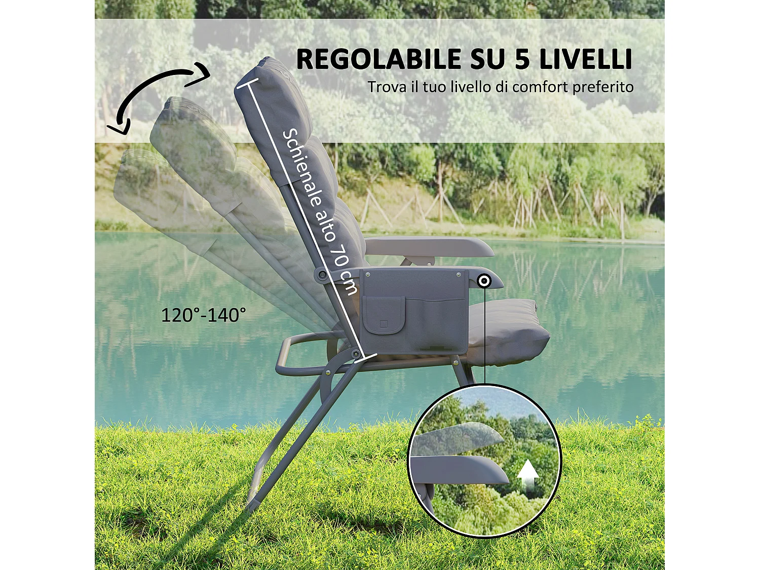 Sedia da campeggio pieghevole e regolabile su 5 livelli grigio chiaro