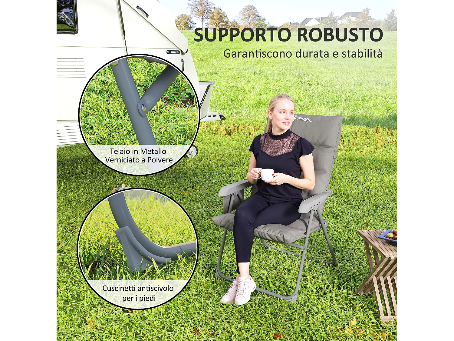 Sedia da campeggio pieghevole e regolabile su 5 livelli grigio chiaro