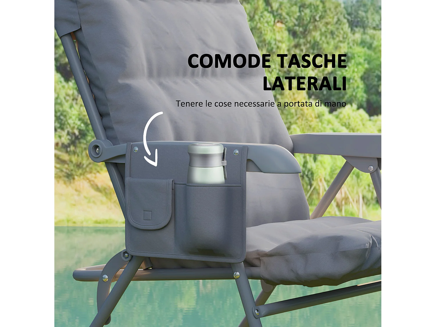 Sedia da campeggio pieghevole e regolabile su 5 livelli grigio chiaro