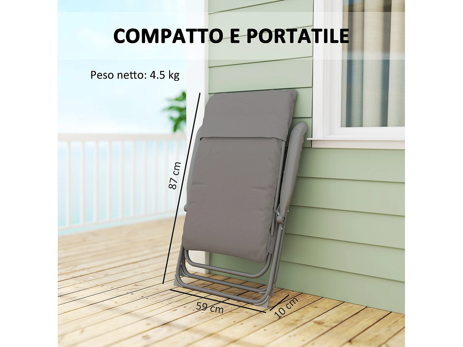 Sedia da campeggio pieghevole e regolabile su 5 livelli grigio chiaro