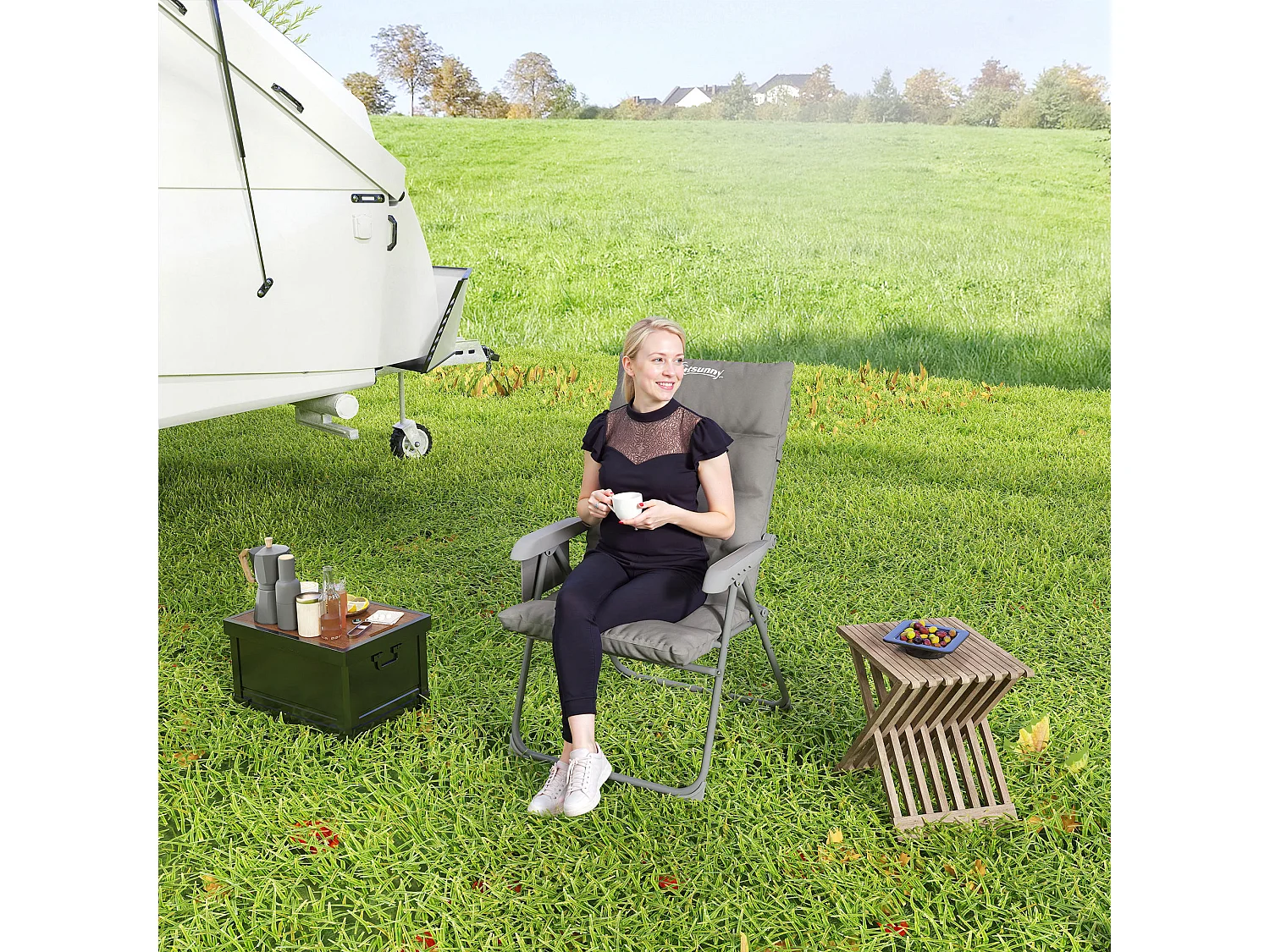 Sedia da campeggio pieghevole e regolabile su 5 livelli grigio chiaro