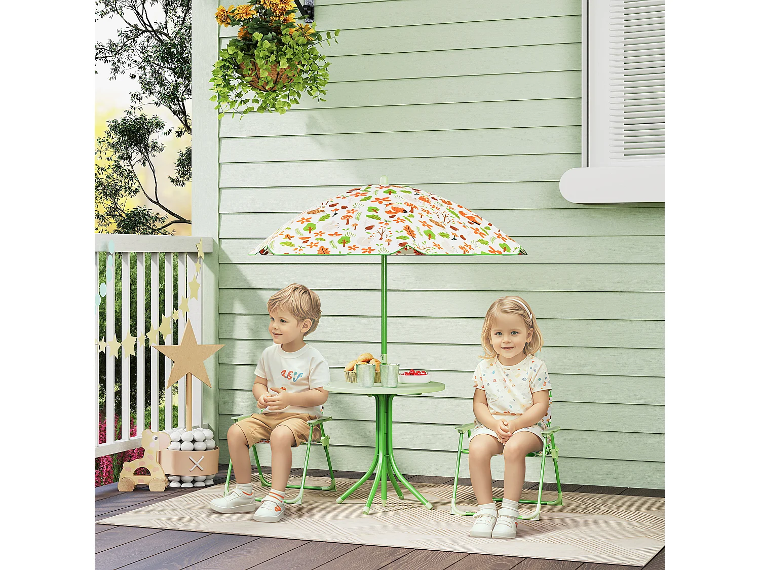 Set da giardino con tavolo 2 sedie e ombrellone per bambini verde