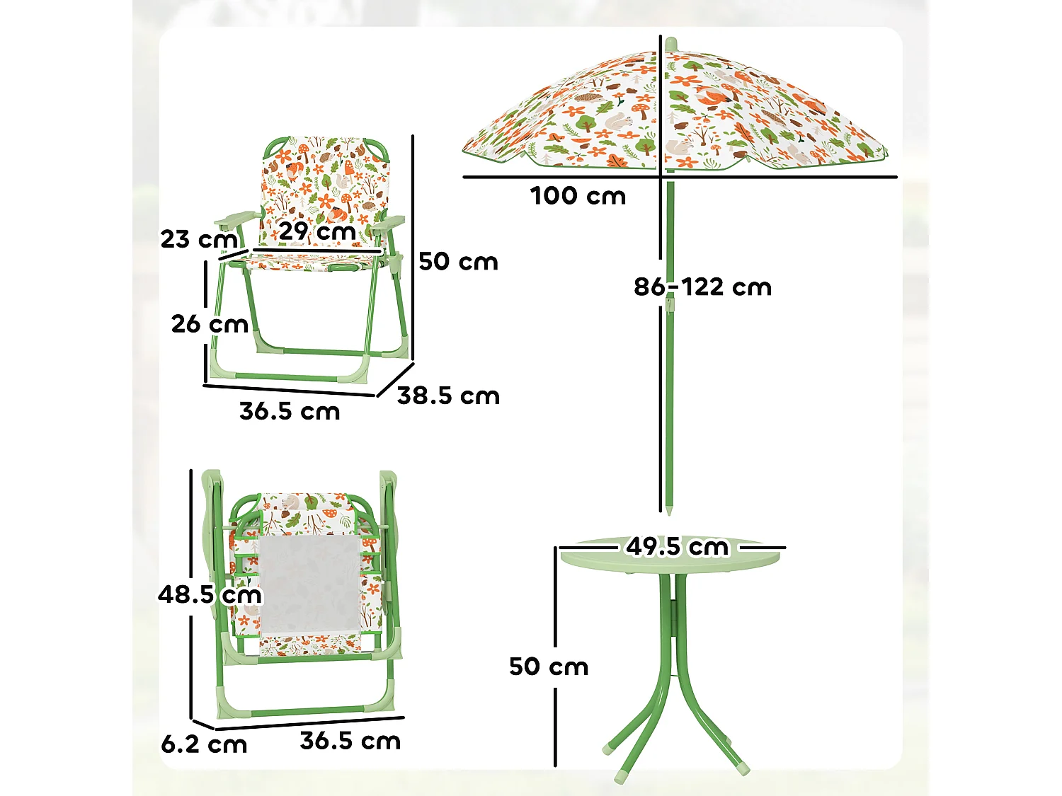 Set da giardino con tavolo 2 sedie e ombrellone per bambini verde