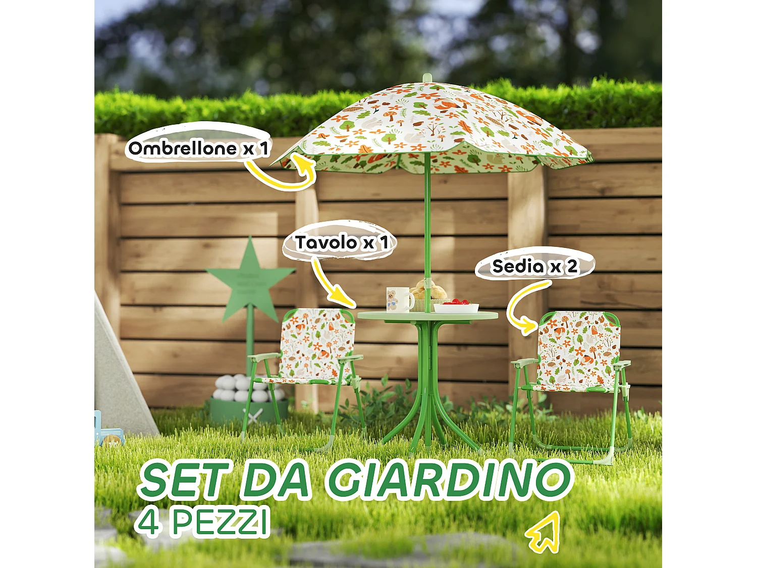Set da giardino con tavolo 2 sedie e ombrellone per bambini verde