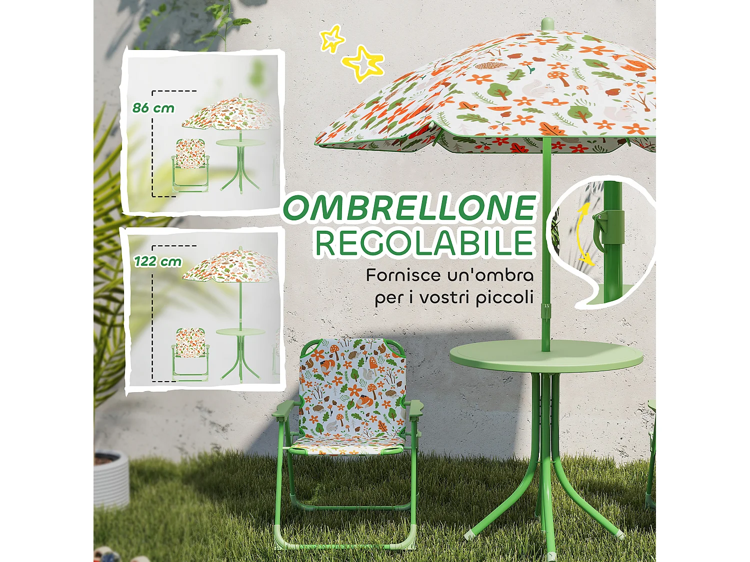 Set da giardino con tavolo 2 sedie e ombrellone per bambini verde