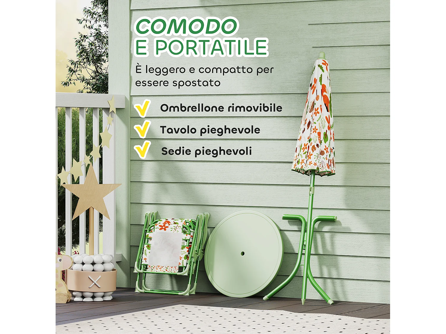 Set da giardino con tavolo 2 sedie e ombrellone per bambini verde