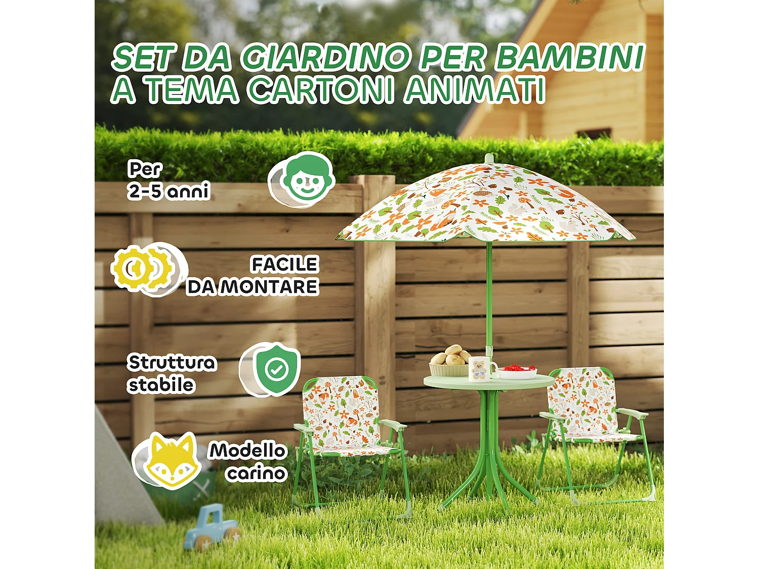 Set da giardino con tavolo 2 sedie e ombrellone per bambini verde