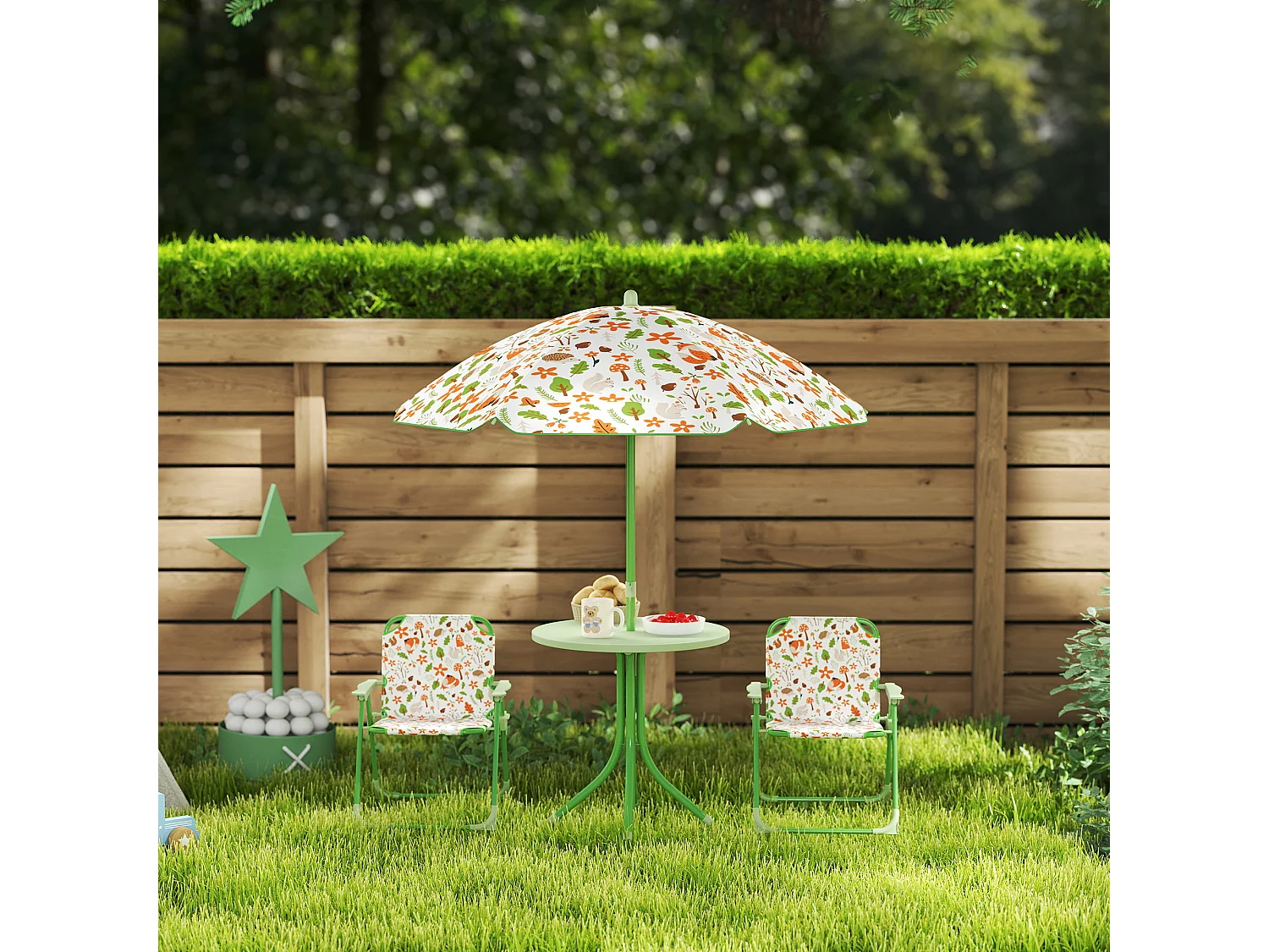 Set da giardino con tavolo 2 sedie e ombrellone per bambini verde