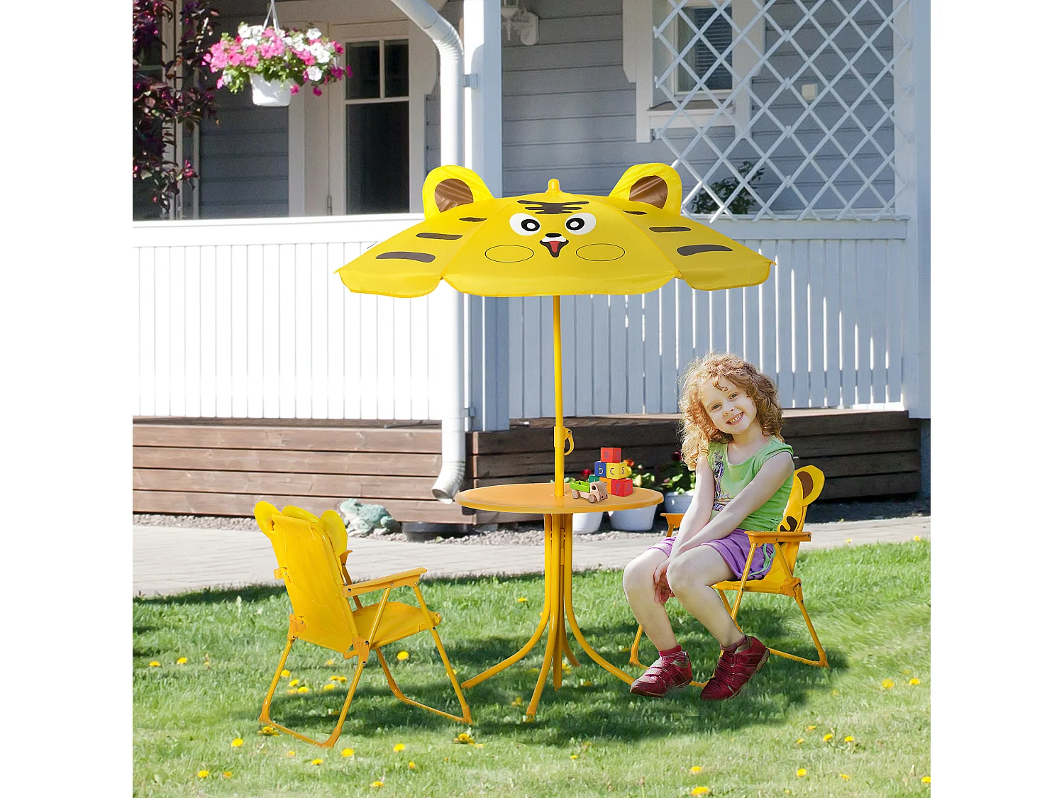 Set da esterno per bambini con 2 sedie, tavolino e ombrellone giallo