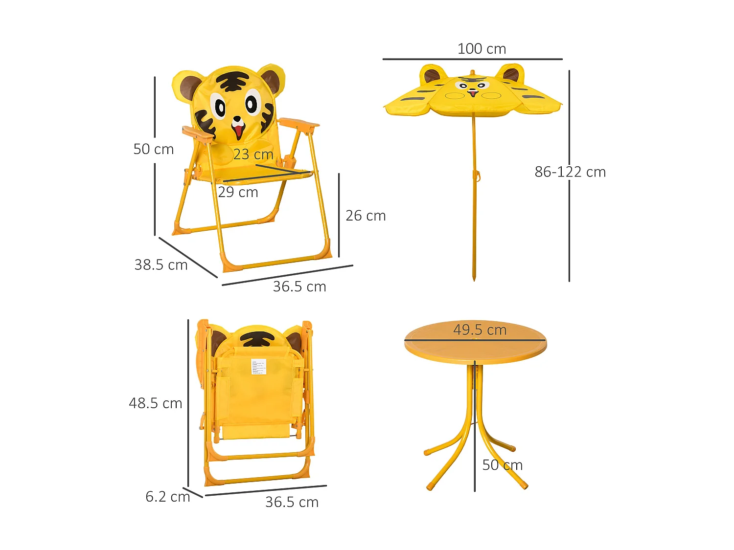 Set da esterno per bambini con 2 sedie, tavolino e ombrellone giallo