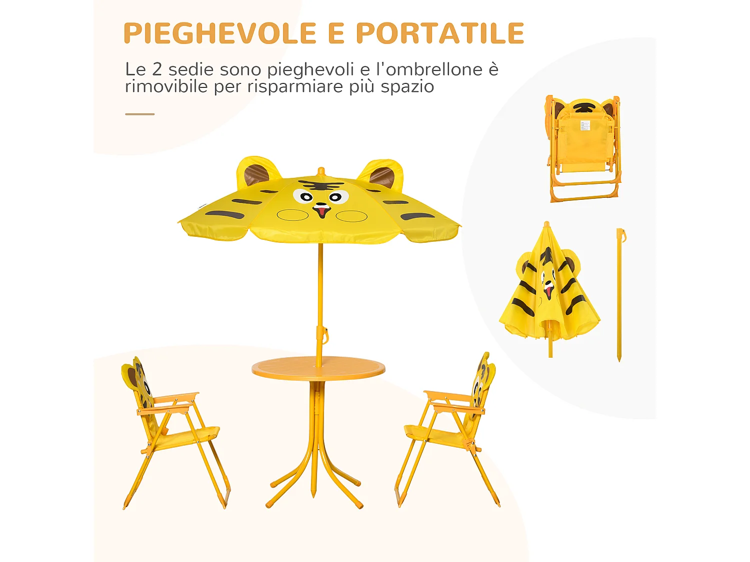 Set da esterno per bambini con 2 sedie, tavolino e ombrellone giallo