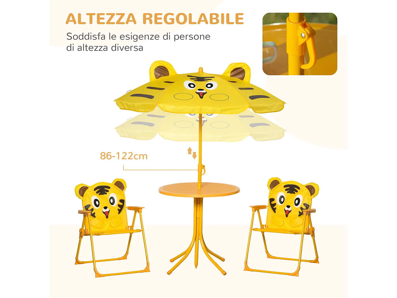 Set da esterno per bambini con 2 sedie, tavolino e ombrellone giallo