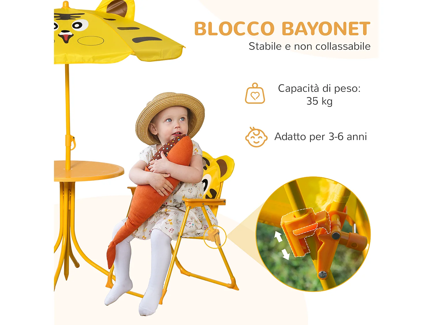 Set da esterno per bambini con 2 sedie, tavolino e ombrellone giallo