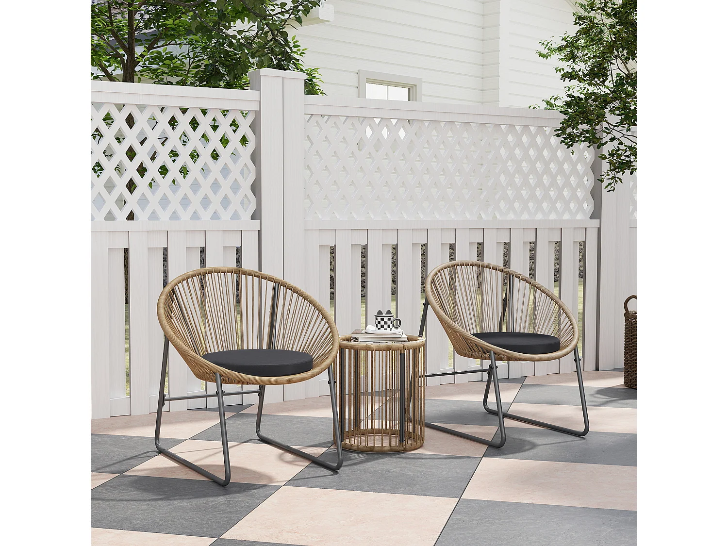 Set da giardino 3pz con 2 sedie ovali con cuscino e tavolo a cilindro