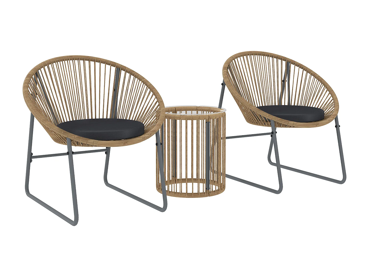 Set da giardino 3pz con 2 sedie ovali con cuscino e tavolo a cilindro