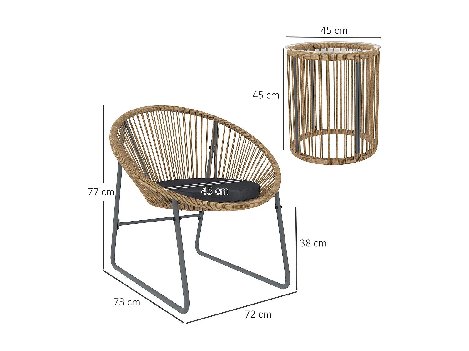 Set da giardino 3pz con 2 sedie ovali con cuscino e tavolo a cilindro