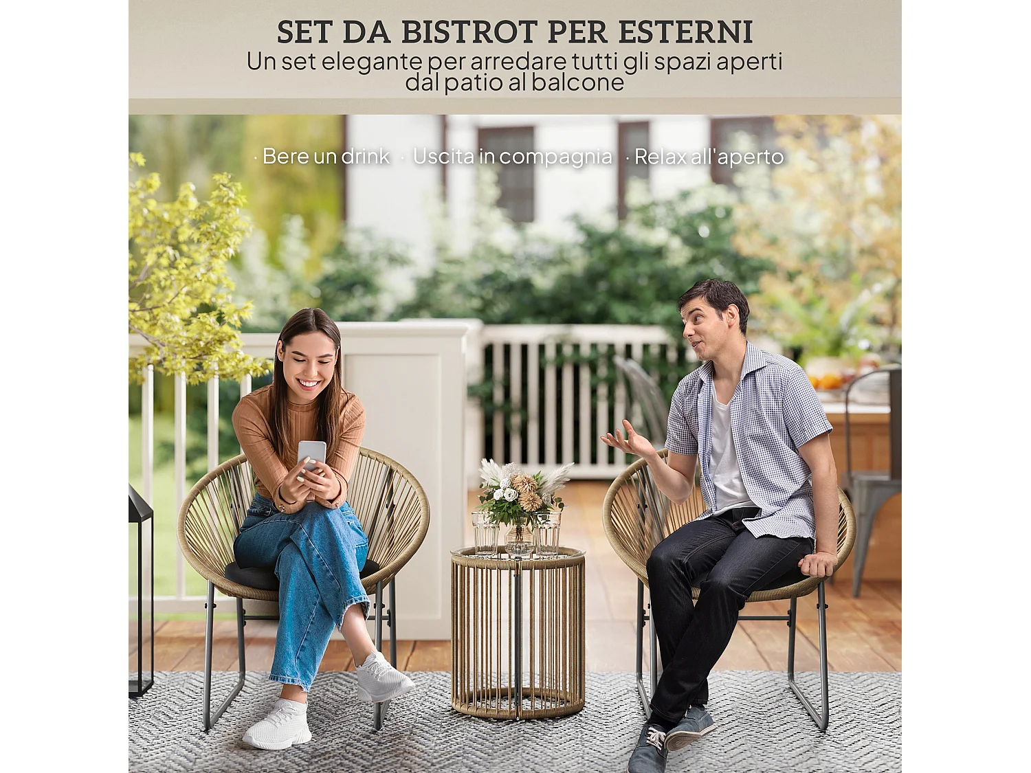 Set da giardino 3pz con 2 sedie ovali con cuscino e tavolo a cilindro