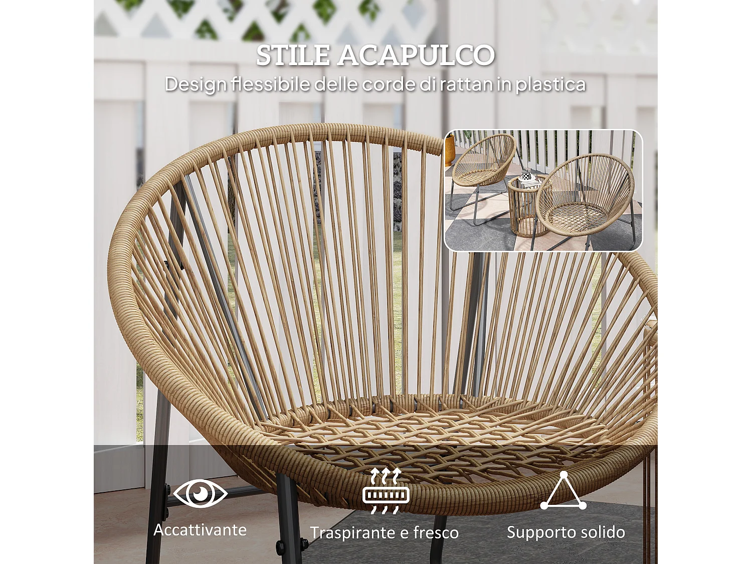 Set da giardino 3pz con 2 sedie ovali con cuscino e tavolo a cilindro