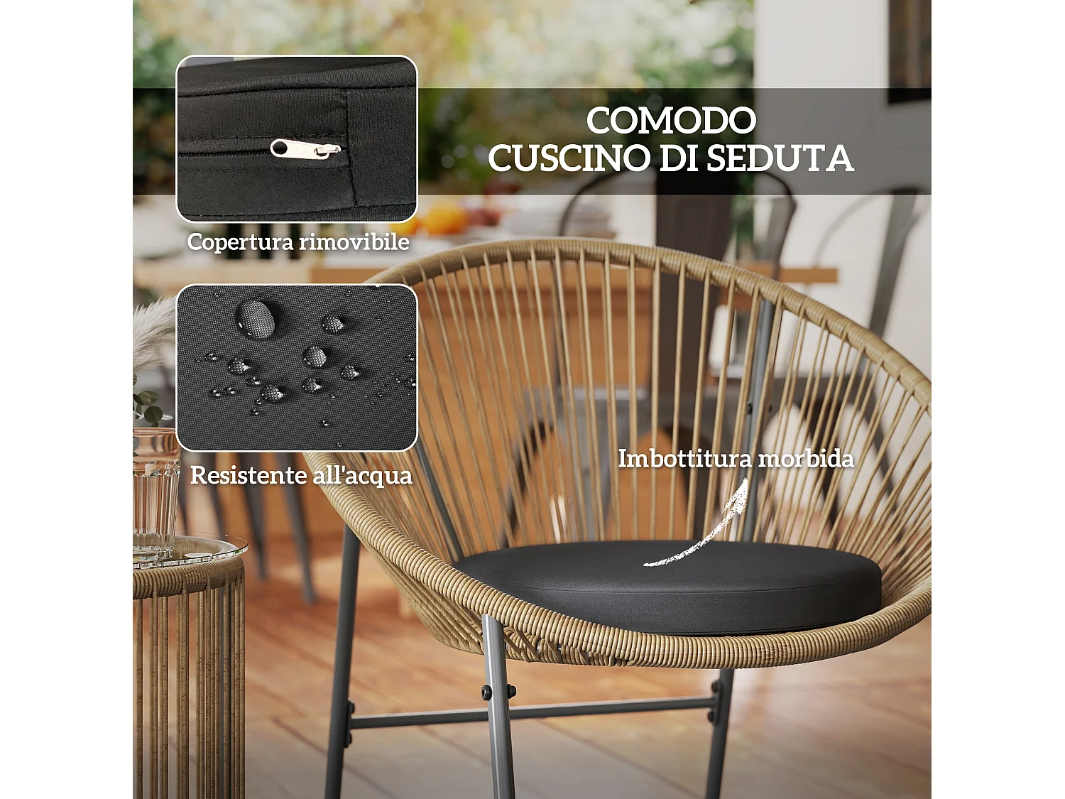 Set da giardino 3pz con 2 sedie ovali con cuscino e tavolo a cilindro