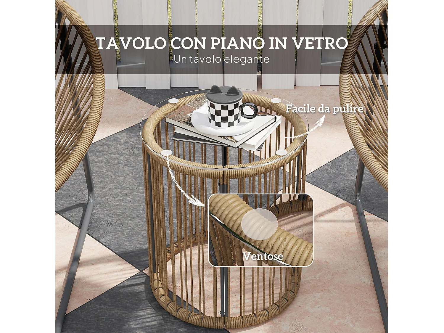 Set da giardino 3pz con 2 sedie ovali con cuscino e tavolo a cilindro