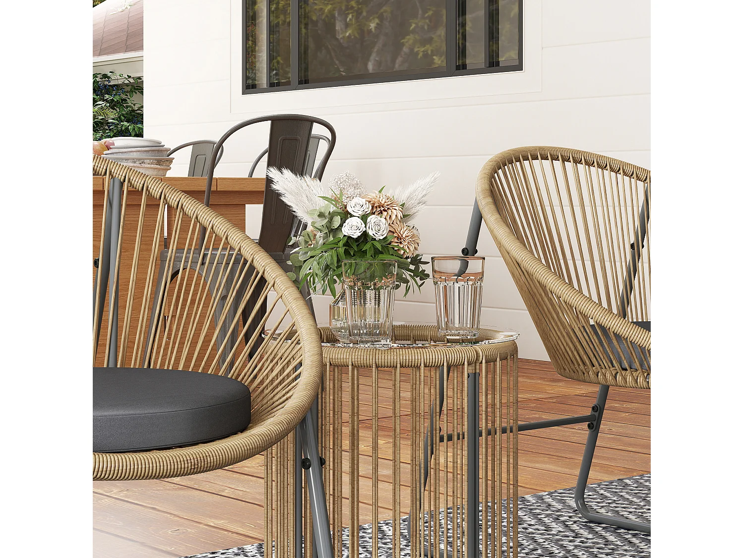 Set da giardino 3pz con 2 sedie ovali con cuscino e tavolo a cilindro