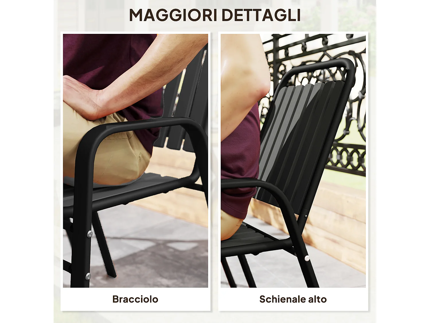 Set 4 sedie da giardino impilabili 56x66x91 cm nero