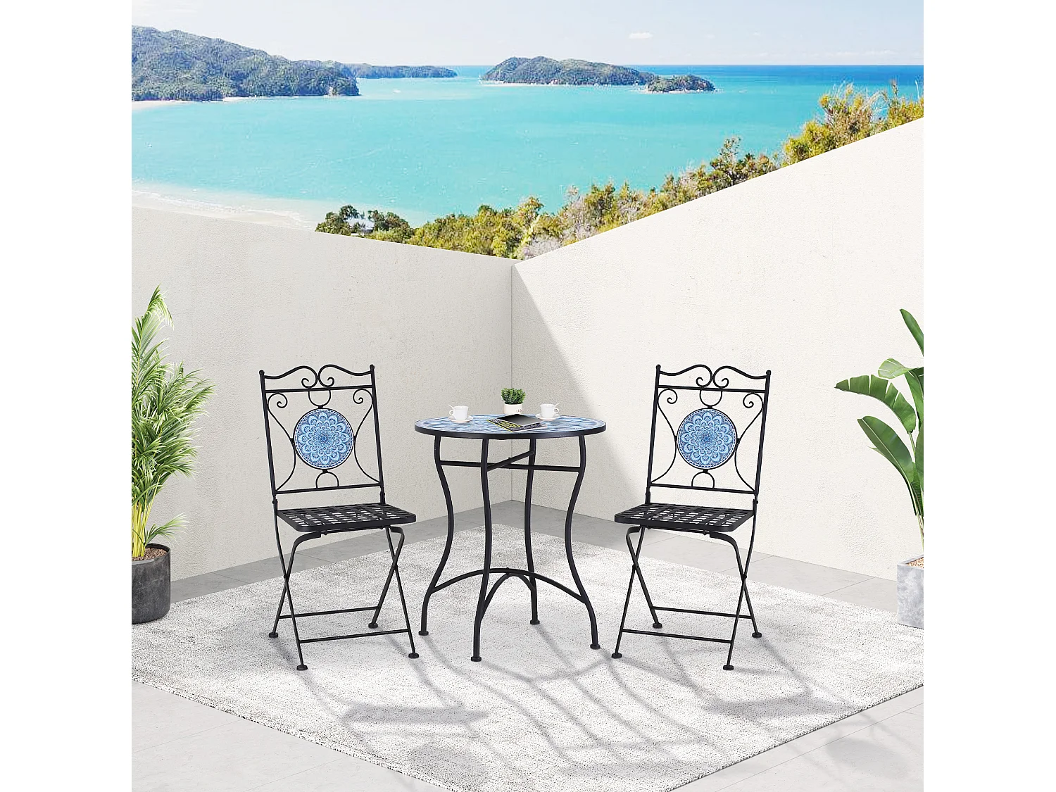 Set da giardino 3 pezzi tavolino 2 sedie pieghevoli e mosaico