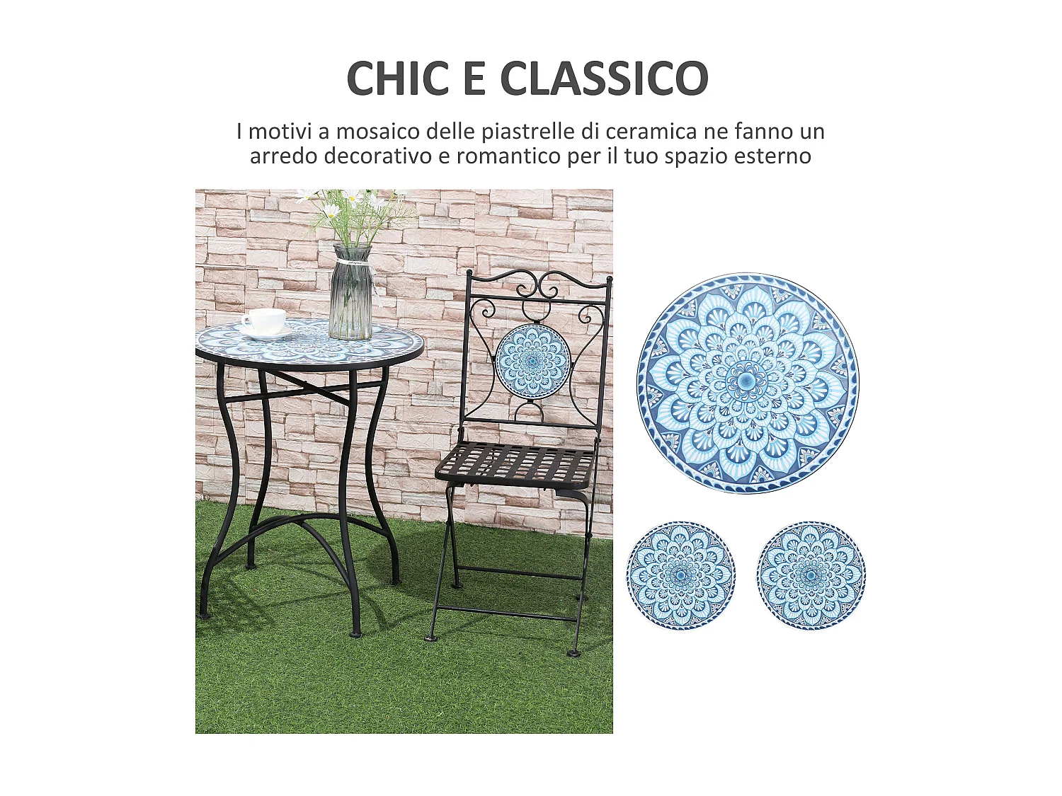 Set da giardino 3 pezzi tavolino 2 sedie pieghevoli e mosaico
