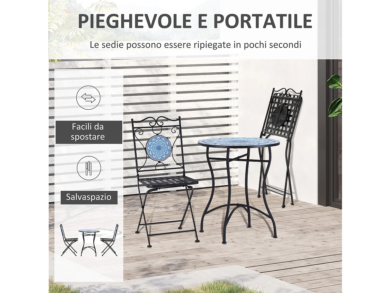 Set da giardino 3 pezzi tavolino 2 sedie pieghevoli e mosaico