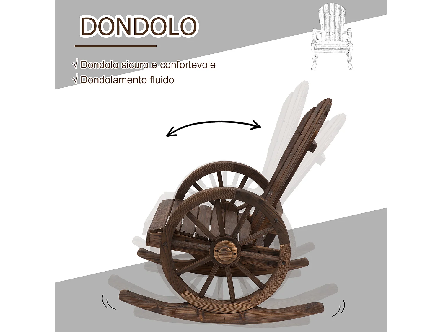 Sedia a Dondolo Stile Adirondack Design Rustico con Ruote in Legno di Abete Rosso