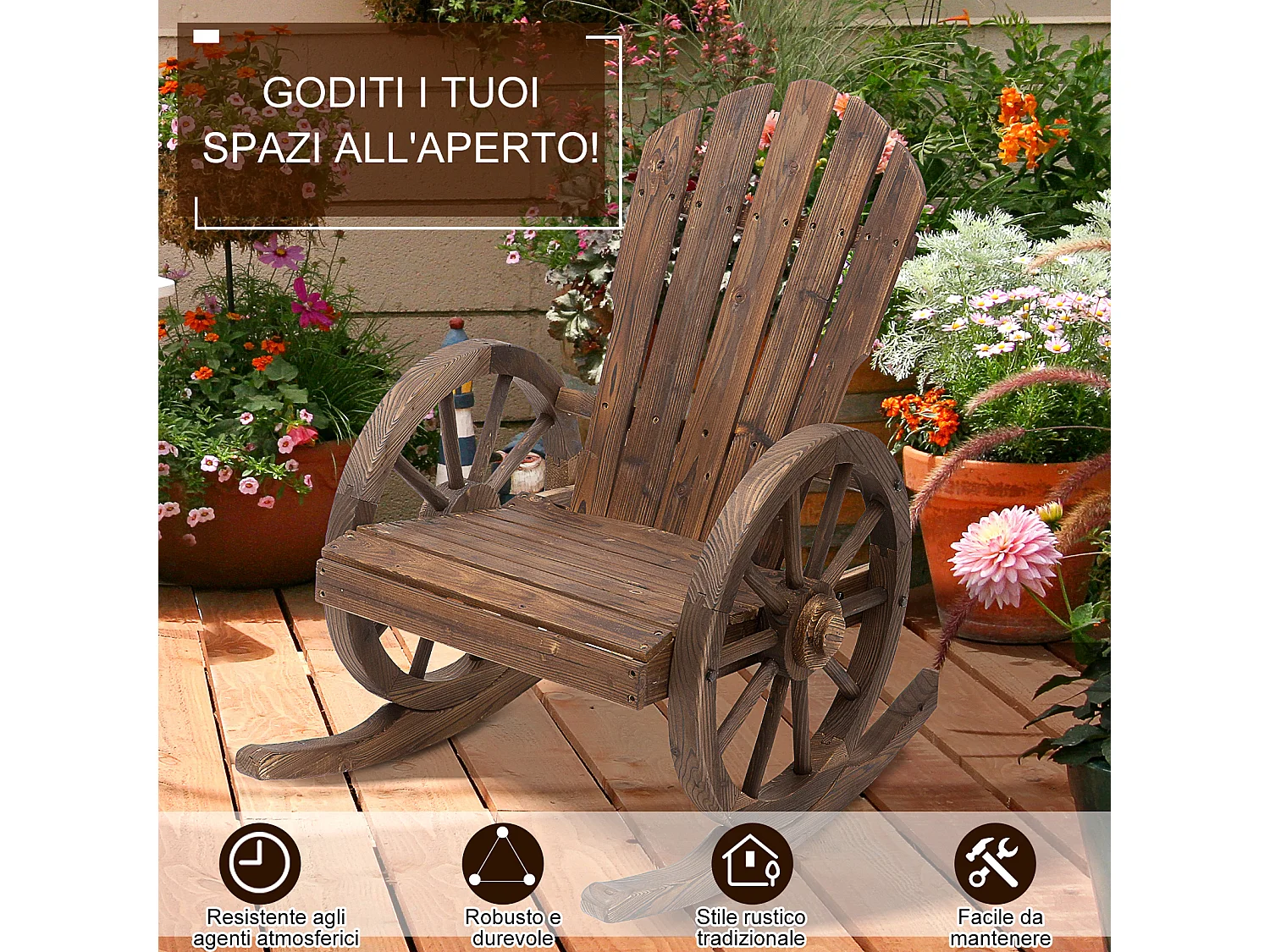 Sedia a Dondolo Stile Adirondack Design Rustico con Ruote in Legno di Abete Rosso