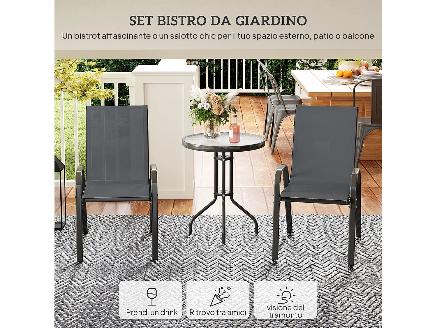 Set da giardino 3pz con 2 sedie e tavolino rotondo grigio scuro