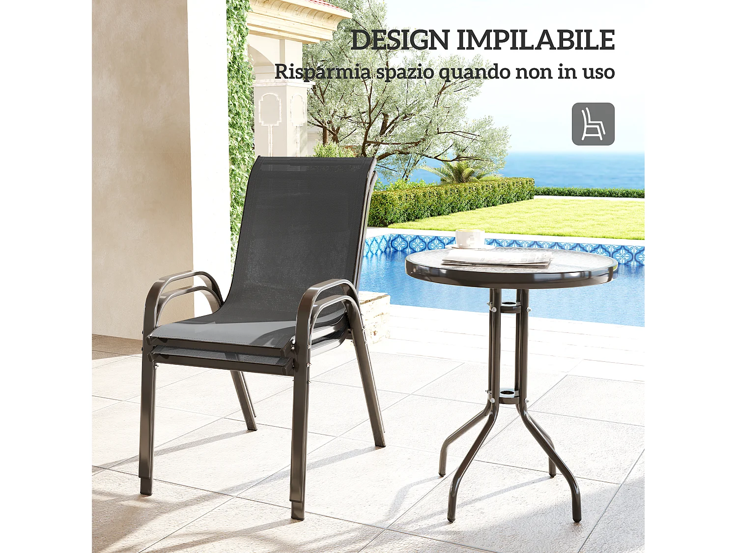 Set da giardino 3pz con 2 sedie e tavolino rotondo grigio scuro