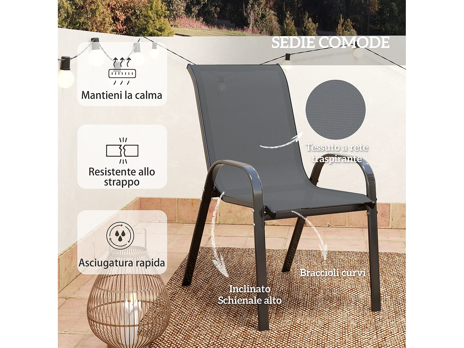 Set da giardino 3pz con 2 sedie e tavolino rotondo grigio scuro