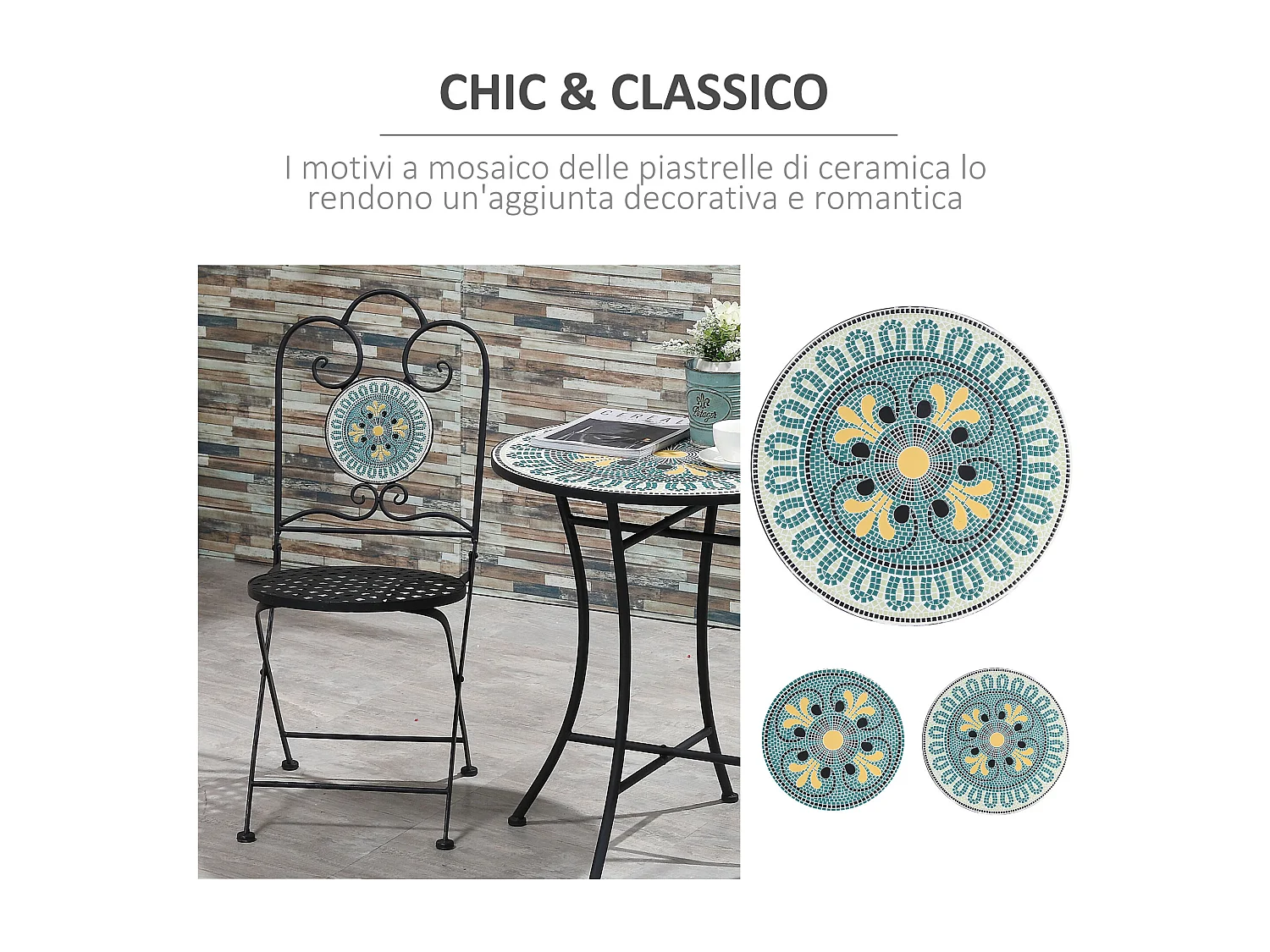Set da giardino 3 pezzi a mosaico tavolino 2 sedie pieghevoli