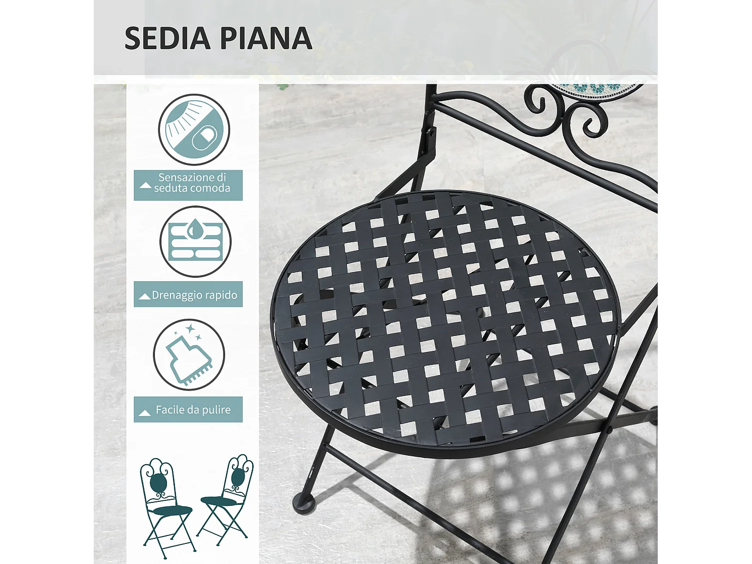 Set da giardino 3 pezzi a mosaico tavolino 2 sedie pieghevoli